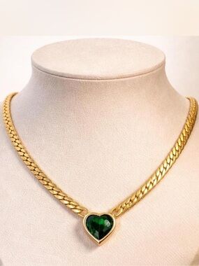 18K Gold Plated Chain Necklace with CZ Emerald Green Heart - Women Jewelry